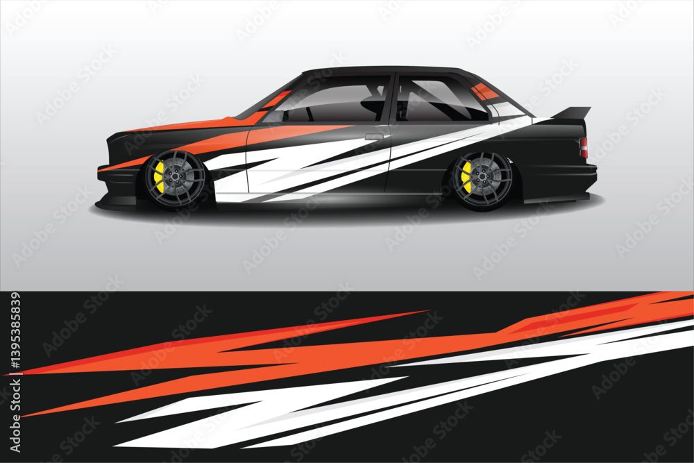 A sleek, modified sedan with striking orange and white graphics parked against a minimalist background A sleek, modified sedan with striking orange and white graphics parked against a minimalist background