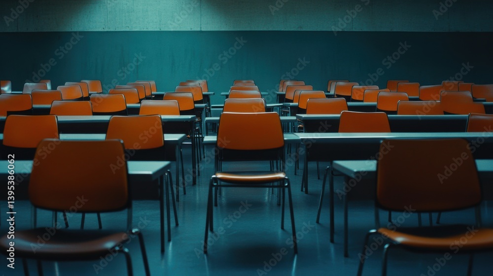 Empty Classroom with Orange Chairs and Desks Empty Classroom with Orange Chairs and Desks