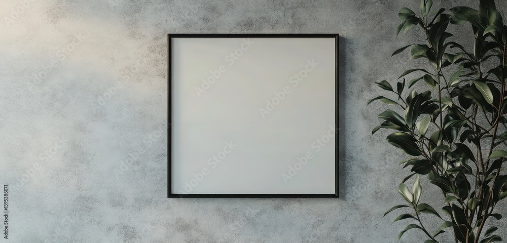 A minimalistic black metal square frame, positioned high on a soft gray wall, radiating industrial elegance.