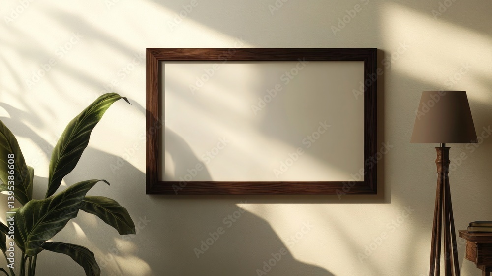 A minimalistic rectangular frame made of dark walnut wood, centrally positioned on a cream-colored wall, exuding warmth and timeless elegance.