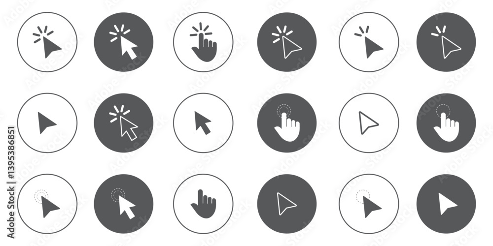 Computer mouse click cursor gray arrow icons set and loading icons. Mouse click cursor collection. Computer mouse click cursor gray arrow icons set and loading icons. Mouse click cursor collection.