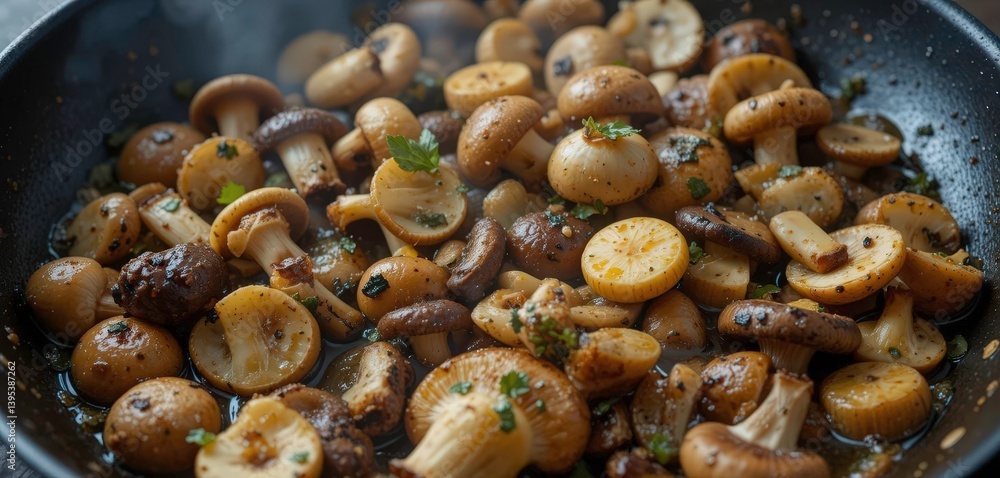 Fungi Fiesta Explore the Diverse Textures and Flavors of Mushrooms as They Cook in Butter, Evoking a Forest Like Feel. Fungi Fiesta Explore the Diverse Textures and Flavors of Mushrooms as They Cook in Butter, Evoking a Forest Like Feel.