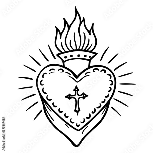 Sacred Heart with Cross and Flames  Illustration Iconic Symbol Design