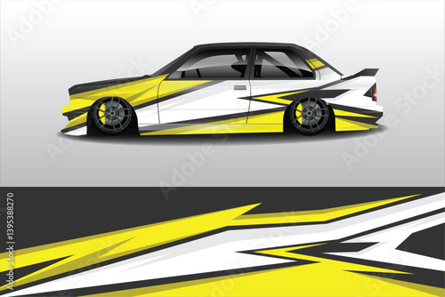 Stylishly Modified Car with Bold Yellow and Black Graphics on a Minimalist Background