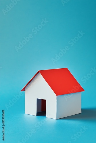 Bright white paper house with a vivid red roof against a cool blue background