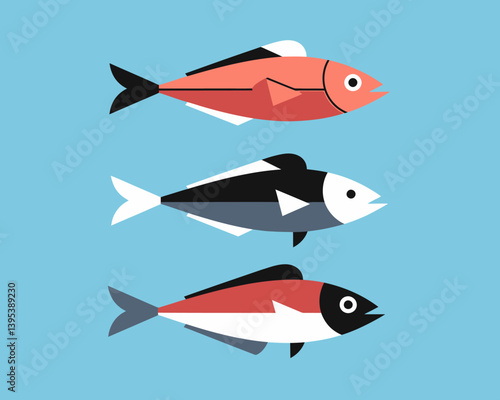 Colorful Flat Fish Icons, Vector Illustration, Seafood, Graphic Design