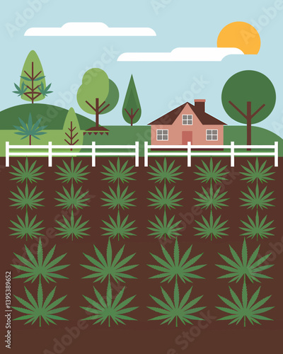 Rural Hemp Farm Landscape with House and Fence in Flat Design