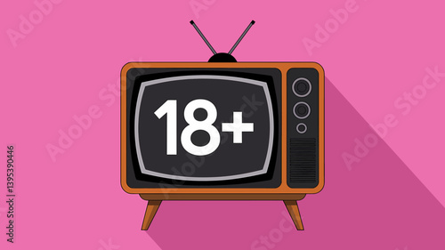 Retro Television with 18+ Sign on Pink Background: Adult Content Illustration