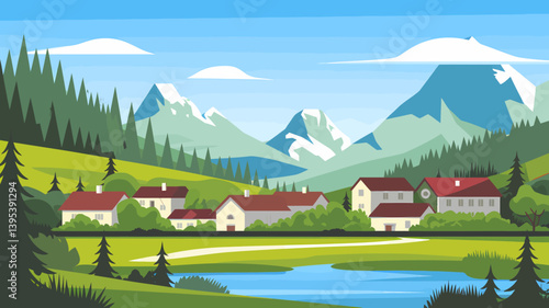 Scenic Mountain Village Landscape with Lake, Forest, and Houses Illustration