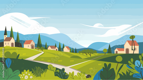 Scenic Tuscany Countryside Landscape with Houses, Hills, and Cypress Trees
