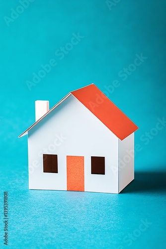 Bright white paper house with a vivid red roof against a cool blue background