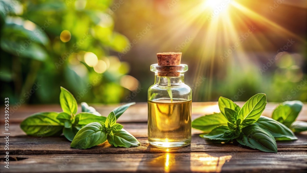 Golden Hour Basil Oil A fragrant, natural essence captured in a glass bottle, surrounded by vibrant, fresh basil leaves on rustic wood. Golden Hour Basil Oil A fragrant, natural essence captured in a glass bottle, surrounded by vibrant, fresh basil leaves on rustic wood.