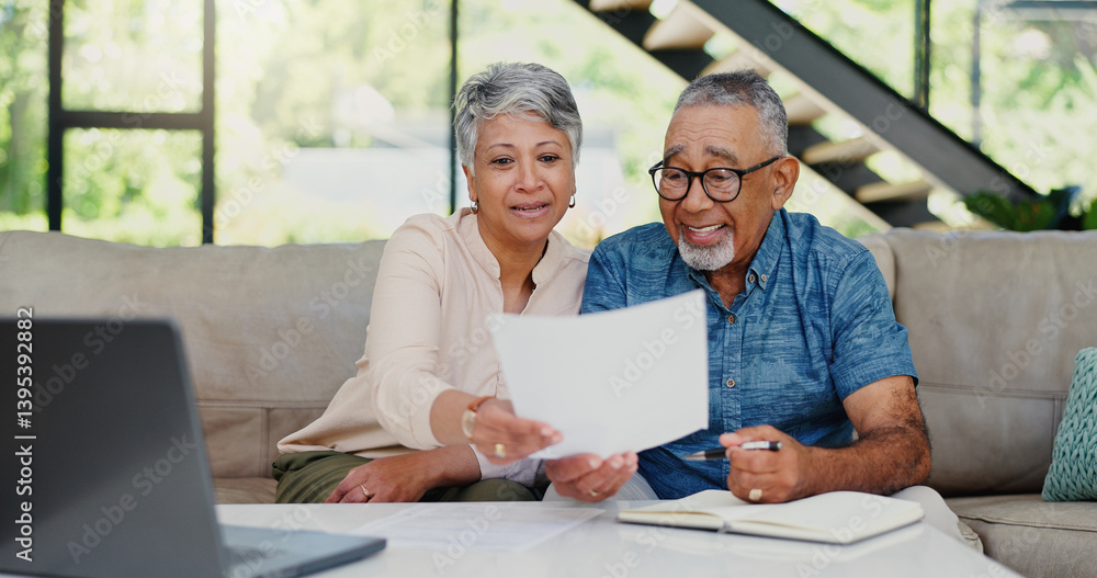Fototapeta premium Smile, documents and senior couple on sofa in discussion for debt, mortgage or bills payment completed. Excited, investment and elderly man with woman for retirement funds plan with paperwork in home
