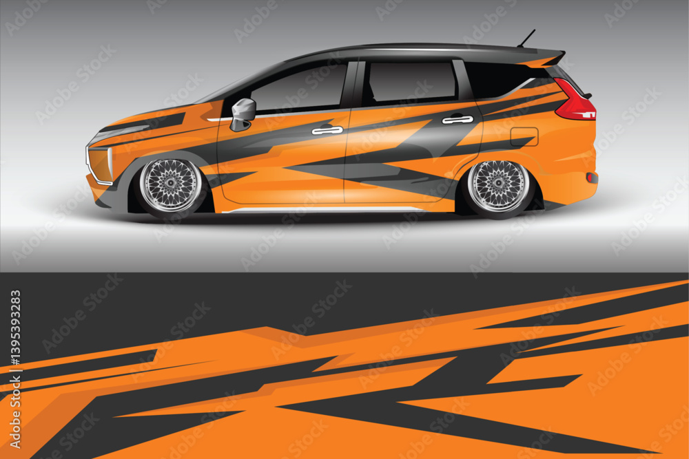 Sleek modified orange car with dynamic graphics parked against a gradient background Sleek modified orange car with dynamic graphics parked against a gradient background