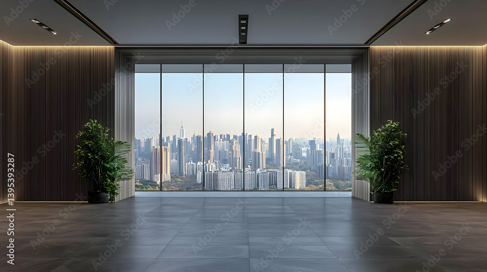 Fototapeta premium Modern Office Space with Panoramic City View and Green Plants