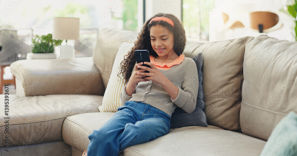 Sofa, kid and girl with smartphone for game, streaming online and watching video on social media. Home, female person and child with mobile for application, digital reel and relax with smile on couch Sofa, kid and girl with smartphone for game, streaming online and watching video on social media. Home, female person and child with mobile for application, digital reel and relax with smile on couch