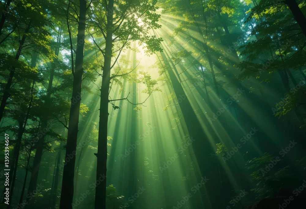 Obraz premium Sunlit Canopy Natural Ray Background with a Forest Aesthetic and Calming Ambiance