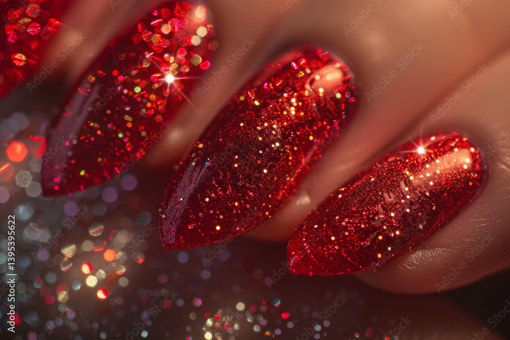 Close-up of sparkling red nails with glossy glitter polish. Stylish fingernails manicure
