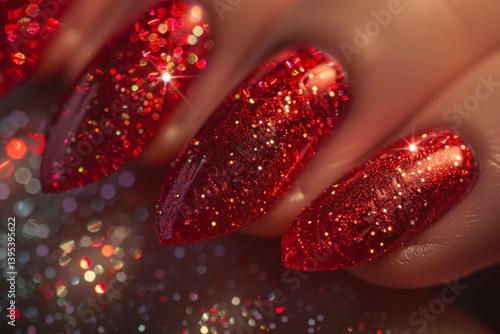 Obraz na płótnie Close-up of sparkling red nails with glossy glitter polish. Stylish fingernails manicure w salonie