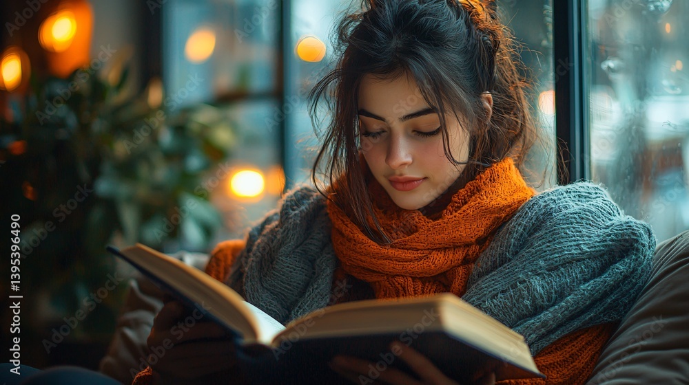 Cozy reading moment by a window with warm lighting and a young woman immersed in a book Cozy reading moment by a window with warm lighting and a young woman immersed in a book