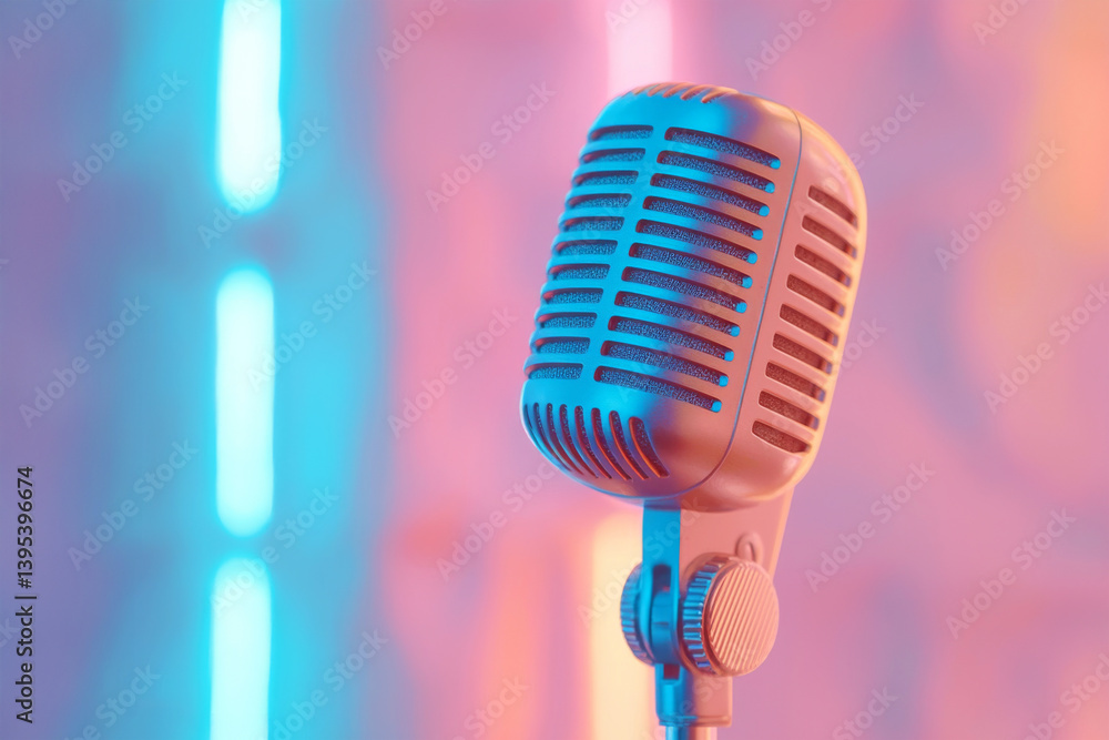 Close-up of vintage chrome microphone against vibrant pink and blue neon lights. Concept of audio recording, retro music and podcasting