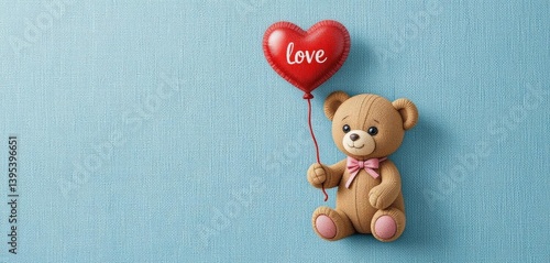  A cute teddy bear with a bright red heart balloon, wonderfully displayed on a light blue linen texture background.