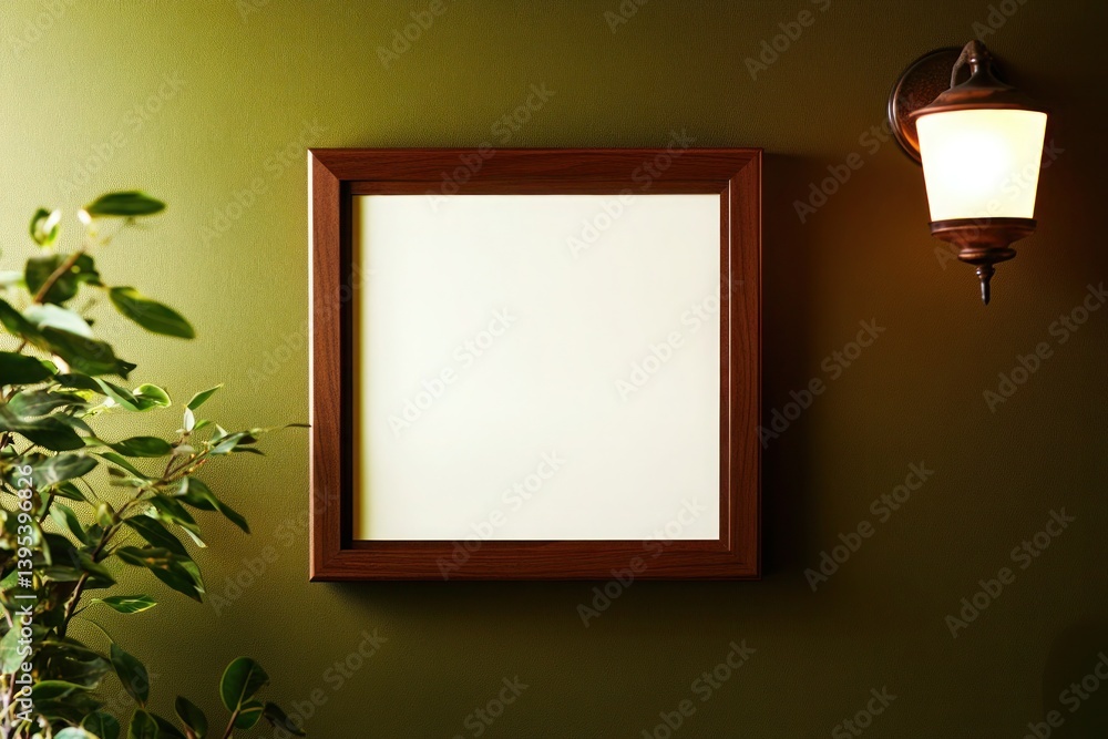 A simple, thick mahogany frame, perfectly centered on a rich olive wall, radiating a sense of sophistication and warmth.