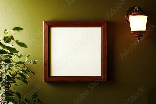 Obraz na płótnie A simple, thick mahogany frame, perfectly centered on a rich olive wall, radiating a sense of sophistication and warmth. w salonie