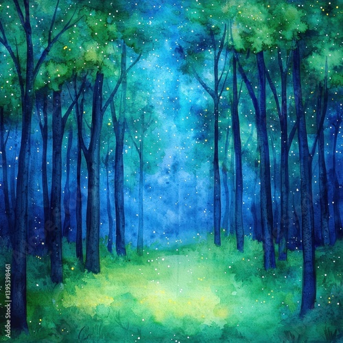 A forest revitalized by energy, with glowing bioluminescent plants and streams of liquid light, fantasy, ethereal watercolor.