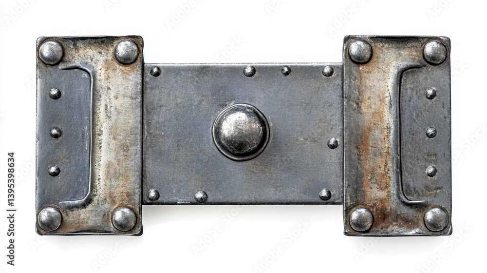 Fototapeta premium Rusted metal plate with rivets and handles, isolated on white background.