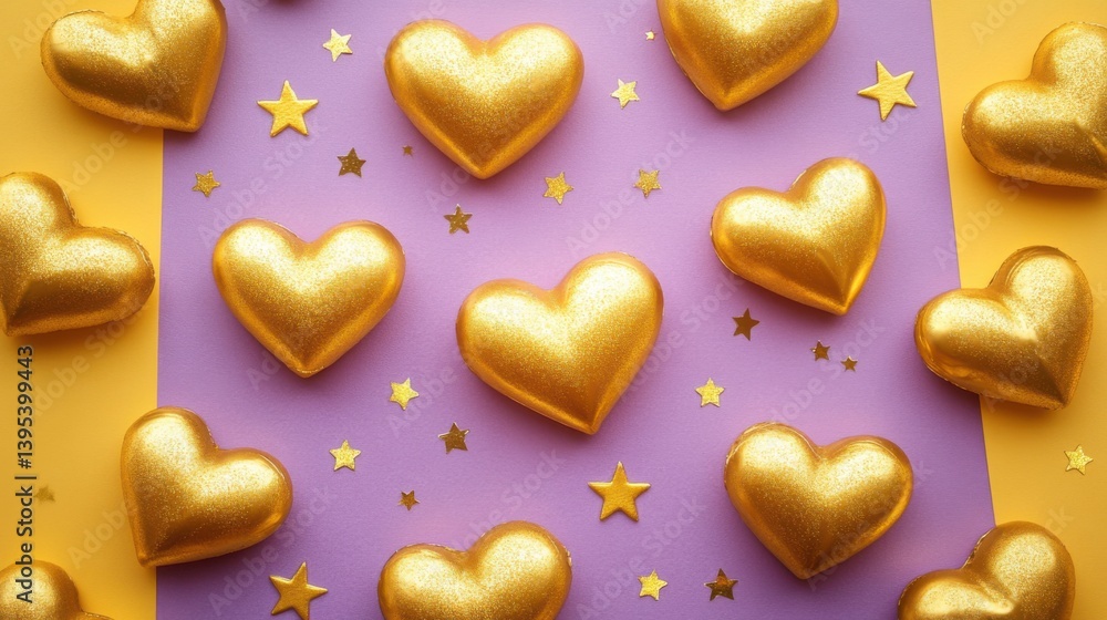 Fototapeta premium Golden Hearts Scattered on Purple and Yellow Background