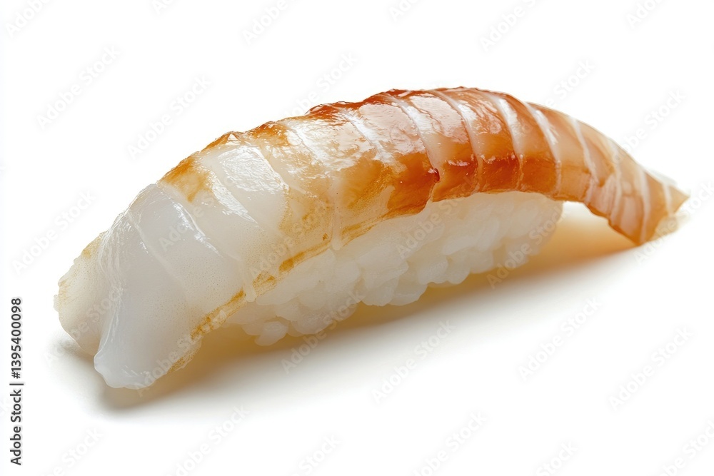 Single Piece of Japanese Sushi with Shrimp on White Background Single Piece of Japanese Sushi with Shrimp on White Background