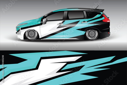 Sleek modified car with vibrant turquoise and black graphics parked against a gradient background