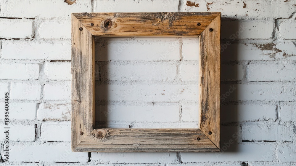 A single, square rustic wooden frame with visible nail marks, uniquely placed on a weathered white brick wall, giving a raw, earthy look.