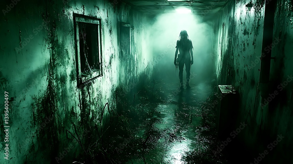 A menacing figure haunts a decaying corridor. A menacing figure haunts a decaying corridor.