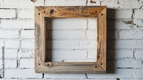 Obraz na płótnie A single, square rustic wooden frame with visible nail marks, uniquely placed on a weathered white brick wall, giving a raw, earthy look. w salonie