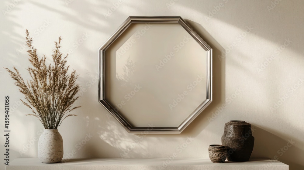 A slender hexagonal frame in brushed silver, positioned low on a pale beige wall, radiating an upscale, modern charm.