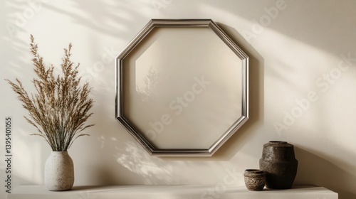 Obraz na płótnie A slender hexagonal frame in brushed silver, positioned low on a pale beige wall, radiating an upscale, modern charm. w salonie