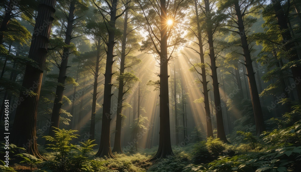 Obraz premium Sunlight Filtering Through Tall Trees in Lush Green Forest