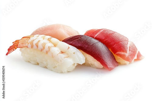 Assorted Sushi Nigiri Pieces with Tuna, Shrimp, and Hamachi on White