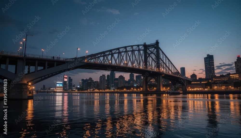 Sleek Steel Bridge Reflecting City Lights on a Calm Urban River Sleek Steel Bridge Reflecting City Lights on a Calm Urban River