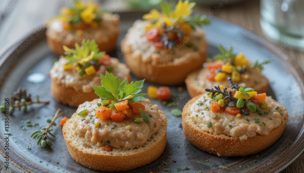 Mini Chicken Liver Pate Delights Colorful Herb Toppings, Playful Rustic Setting, Delicious Bites Mini Chicken Liver Pate Delights Colorful Herb Toppings, Playful Rustic Setting, Delicious Bites