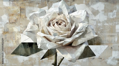 A single rose with geometric mosaic background in shades of white beige and gray.