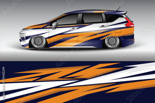 Stylishly Customized Car with Bold Graphics Parked Against a Gradient Background
