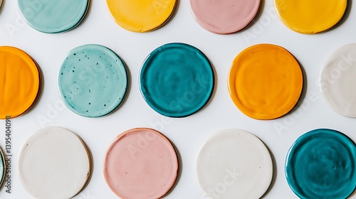 Colorful Round Plates in Various Shades Arranged on White Surface
