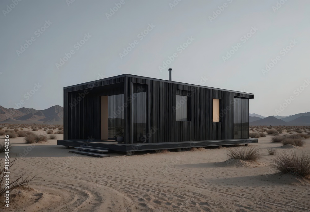 Modern black cabin set against the backdrop of a desert environment and perfect for integration within various digital and Modern black cabin set against the backdrop of a desert environment and perfect for integration within various digital and