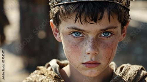 Focused portrait of a young boy with freckles, wearing an antique metal crown, and a determined gaze, embodying royalty.