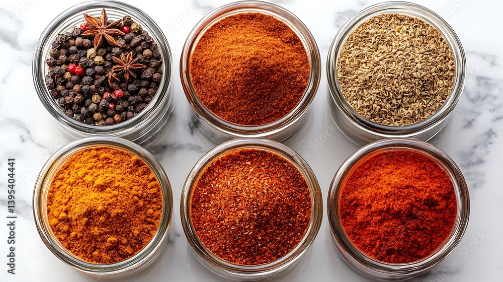 Assorted Spices and Seasonings in Glass Jars on Marble Background Assorted Spices and Seasonings in Glass Jars on Marble Background