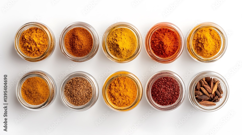 Vibrant Spice Collection in Clear Glass Jars on White Background Vibrant Spice Collection in Clear Glass Jars on White Background