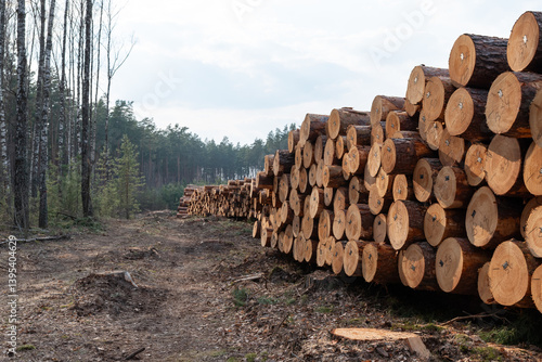 Cut pine tree logs stacked in deforested area ready for processing. Stacked cut pine logs in a recently deforested area surrounded by remaining trees, plastic tags on logs
